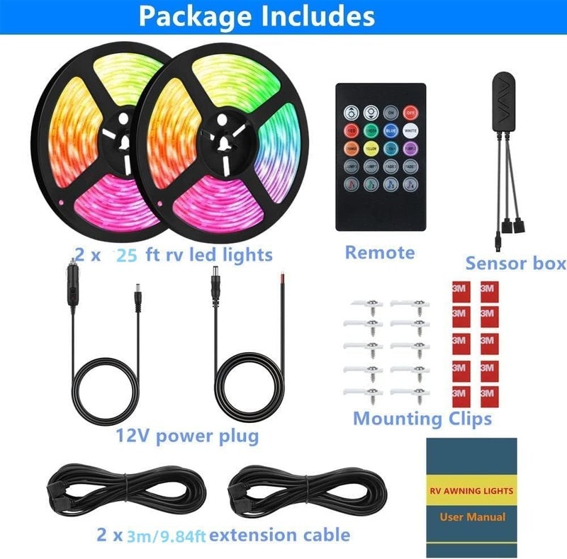 Vbakor RV Awning Lights, 50FT RV Underglow Led Lights Kit, 12V Multi-Color Exterior Neon Accent Underbody Strip Lights for Camper Motorhome with Extension Cable, Music Sync, Waterproof - Image 2